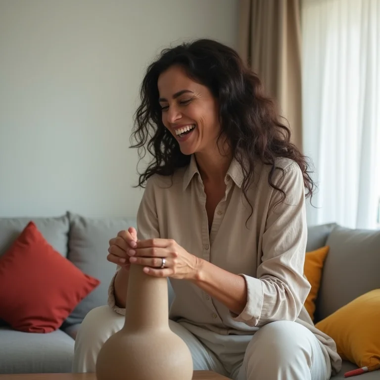 Mulher morena sorrindo ao decorar sala minimalista com vaso de cerâmica.