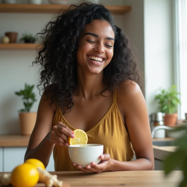 Mulher negra adicionando limão e gengibre ao chá de erva doce