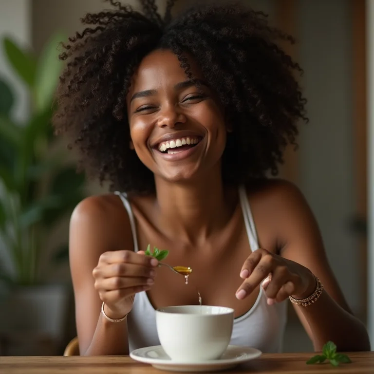 Mulher negra adicionando mel ao chá antioxidante
