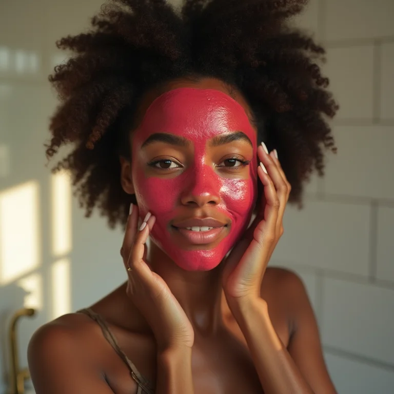 Mulher negra aplicando máscara facial de framboesa