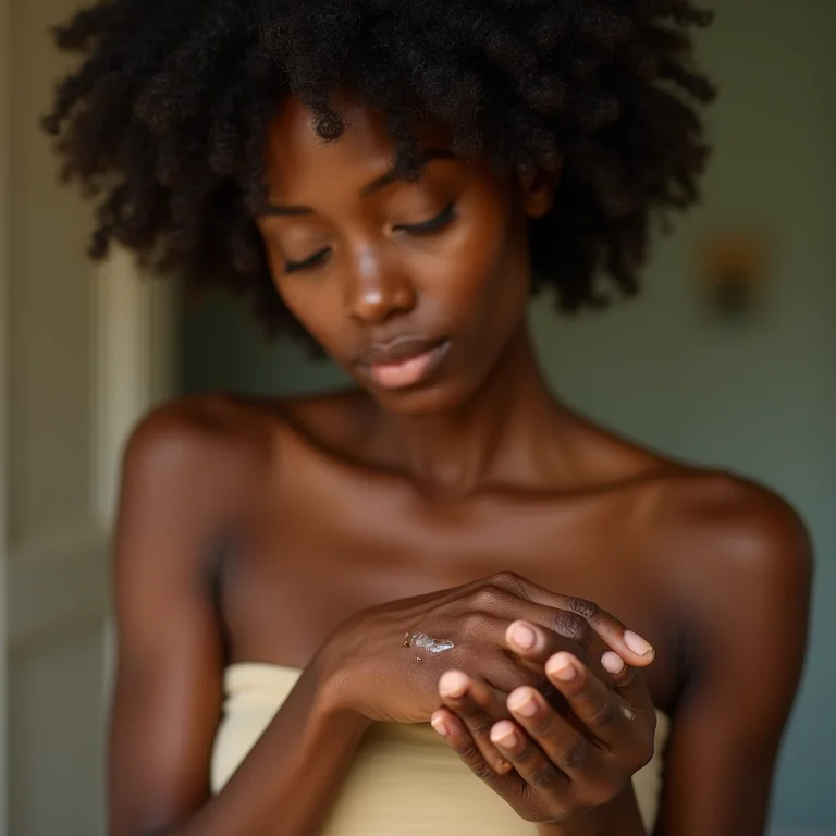 Mulher negra brasileira aplicando pomada de Equinácea em ferida.
