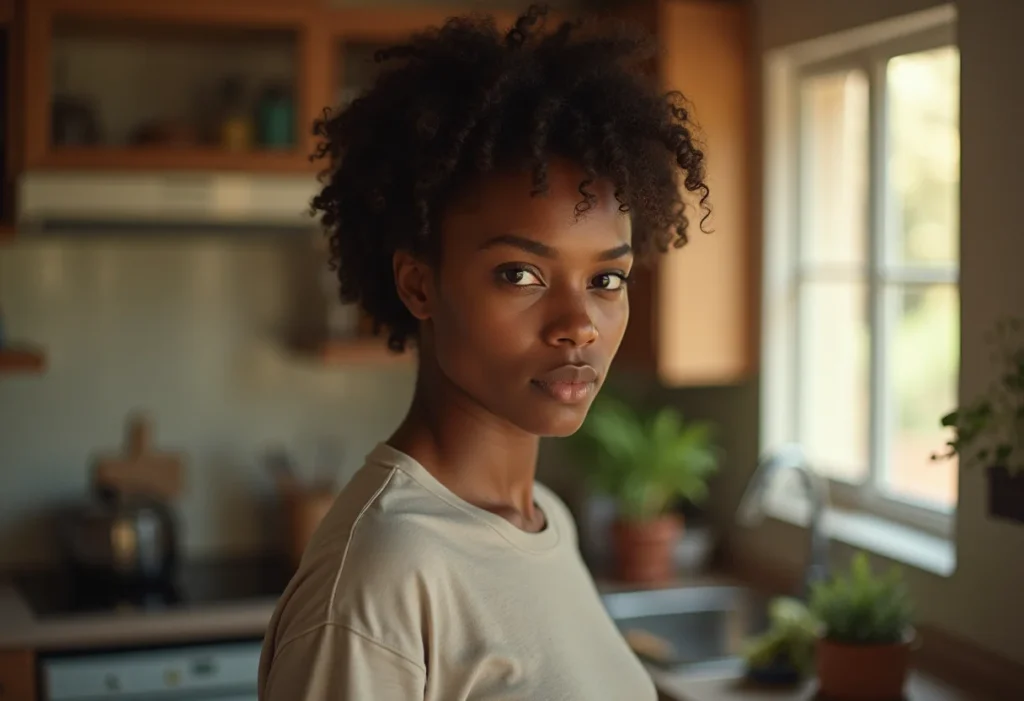 Mulher negra brasileira com expressão determinada em cozinha ensolarada.