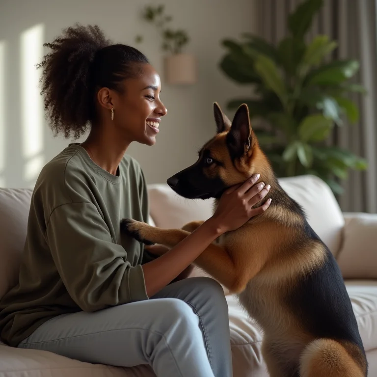 Mulher negra brasileira treinando filhote de Pastor Alemão em casa.