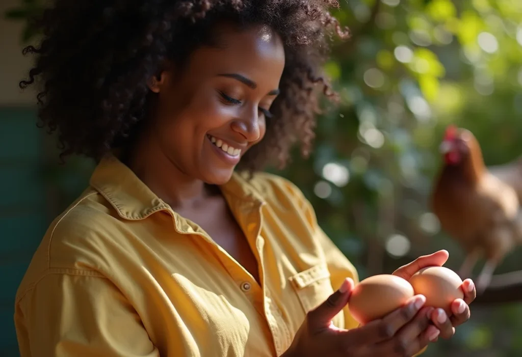 Mulher negra colhendo ovos frescos no galinheiro