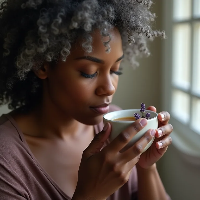Mulher negra de meia-idade aliviando o stress com aroma de lavanda