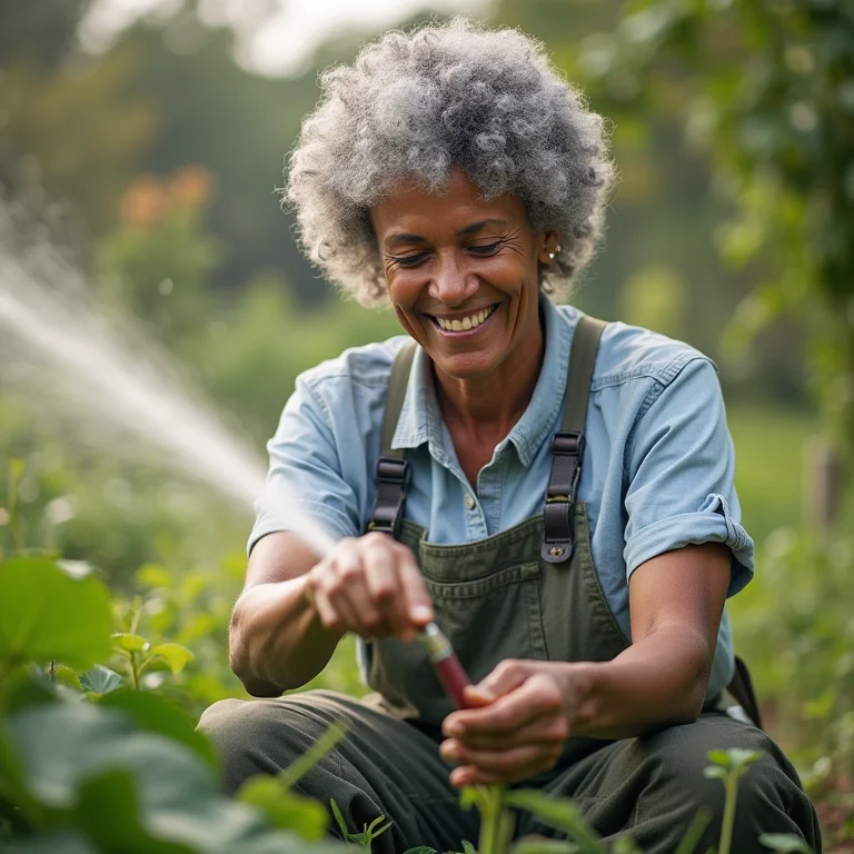 Mulher negra de meia-idade cuidando da irrigação no sítio