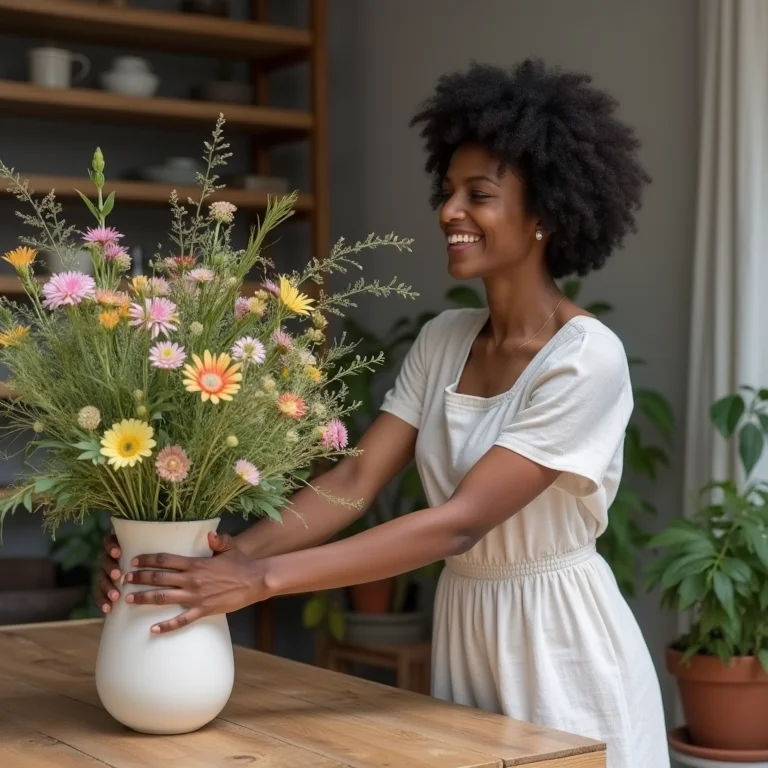 Mulher negra decorando sua casa com estilo rústico e autêntico.