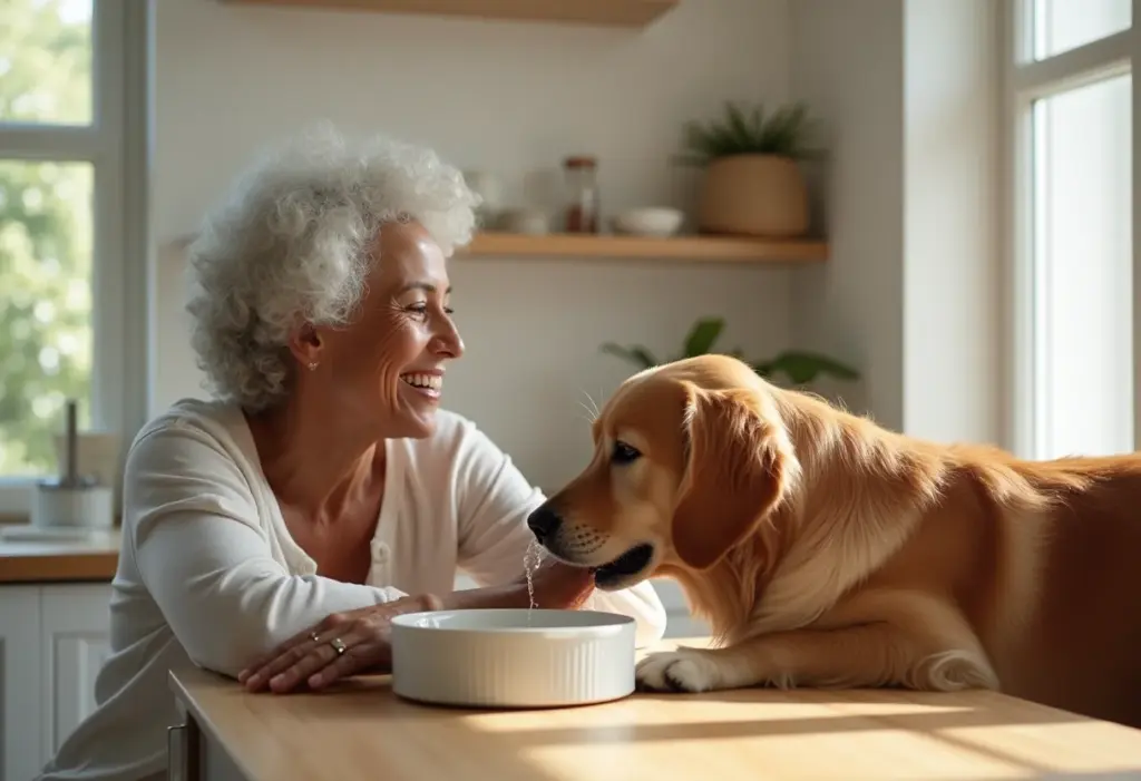 Mulher negra e madura acariciando cachorro bebendo água
