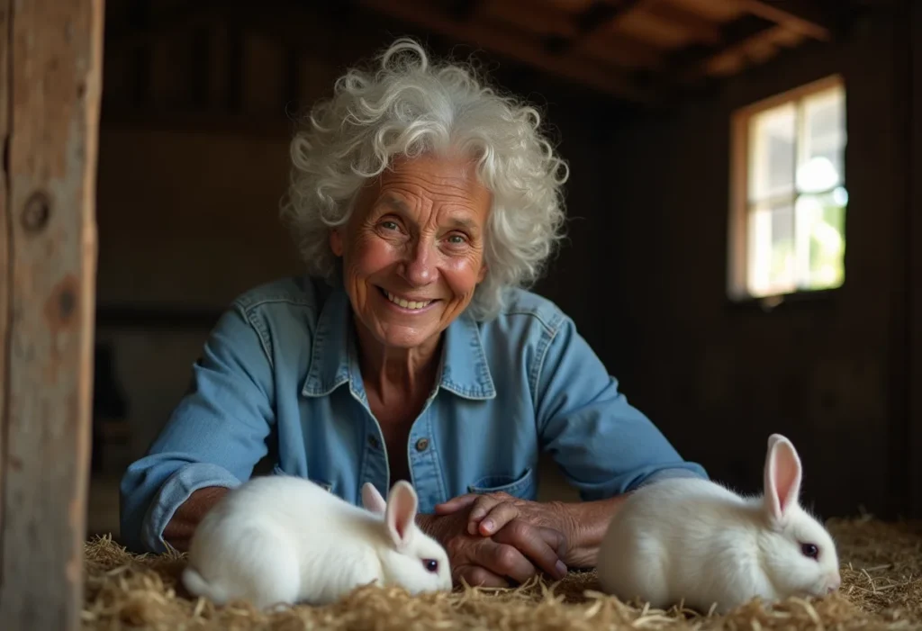 Mulher negra e madura sorrindo em criação de coelhos.