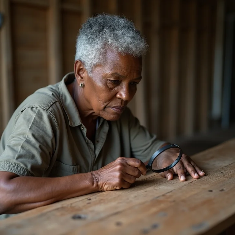 Mulher negra examinando a madeira de um banco rústico.
