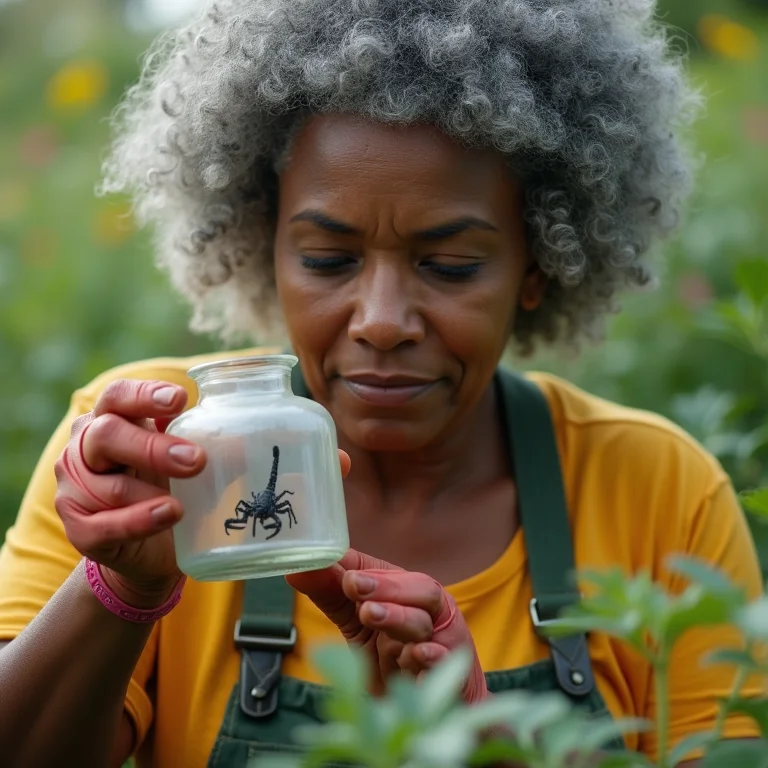 Mulher negra examinando escorpião em jardim