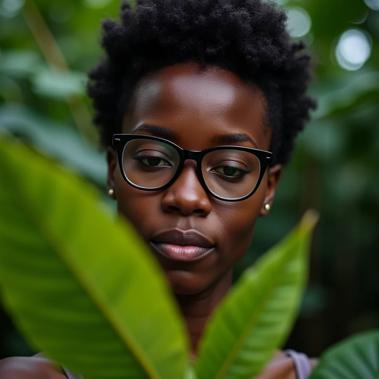 Mulher negra examinando folha de café para identificar pragas.