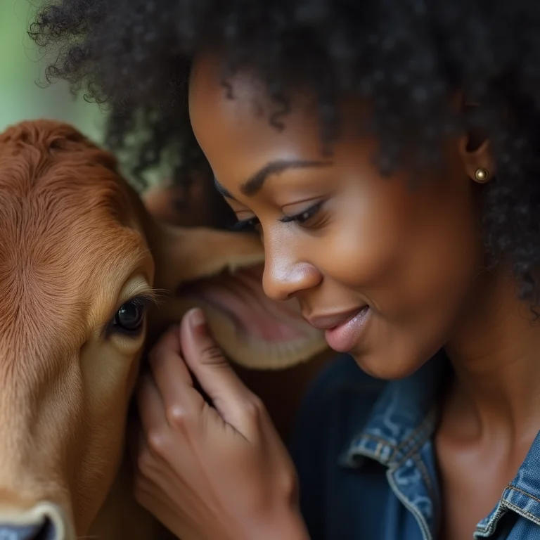 Mulher negra examinando orelha de bezerro em busca de carrapatos.