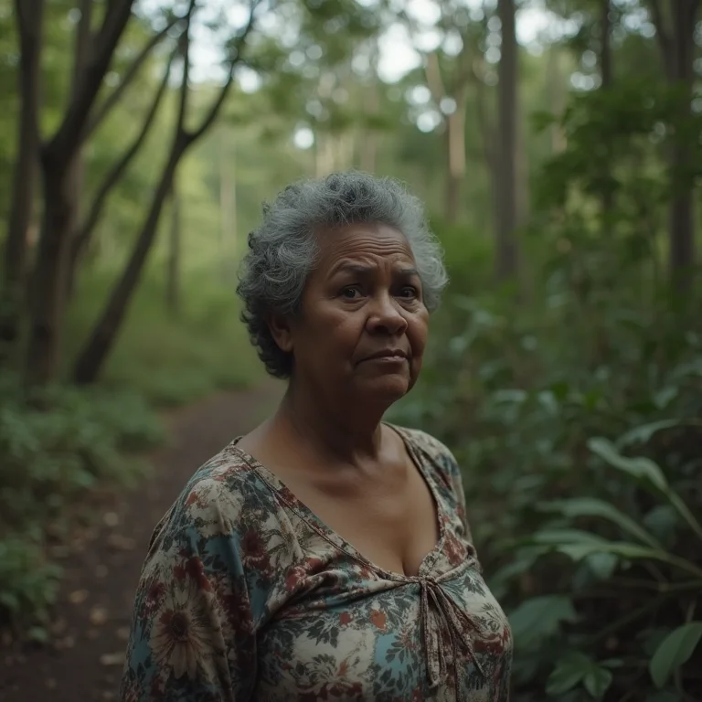 Mulher negra idosa olhando para floresta devastada
