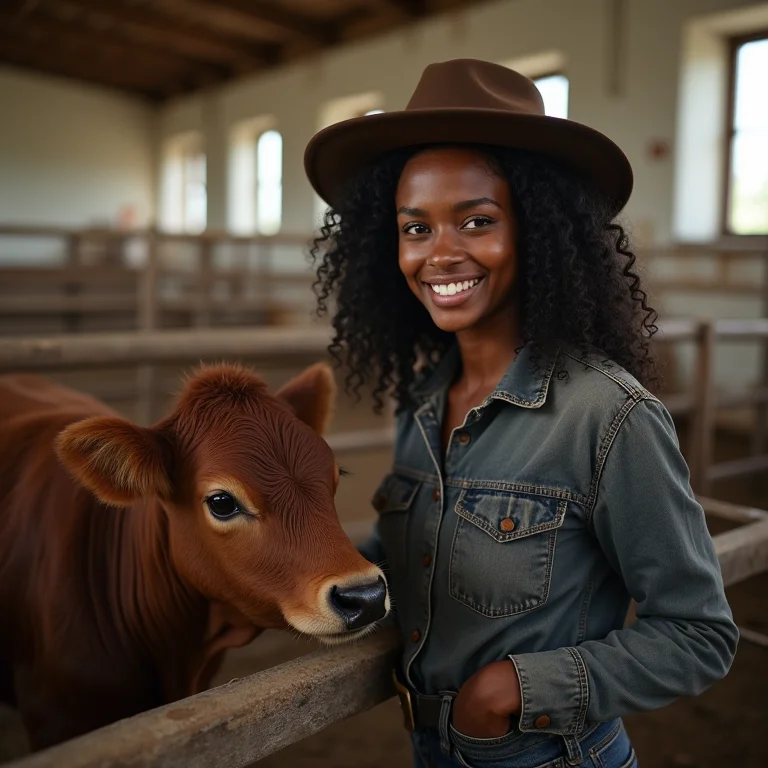 Mulher negra inspecionando bezerro Angus