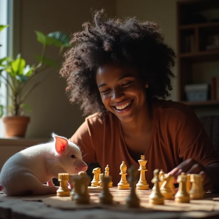 Mulher negra jogando xadrez com um porquinho.