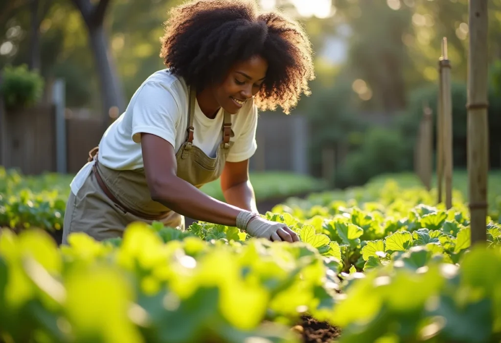 Mulher negra jovem cuidando de sua horta orgânica.