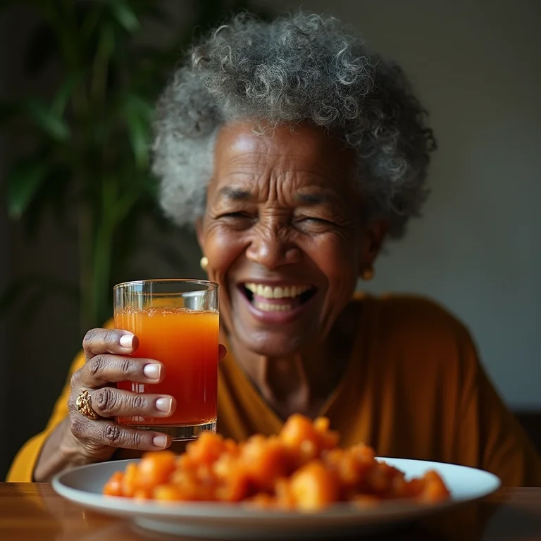 Mulher negra madura apreciando suco de tamarindo com petiscos.