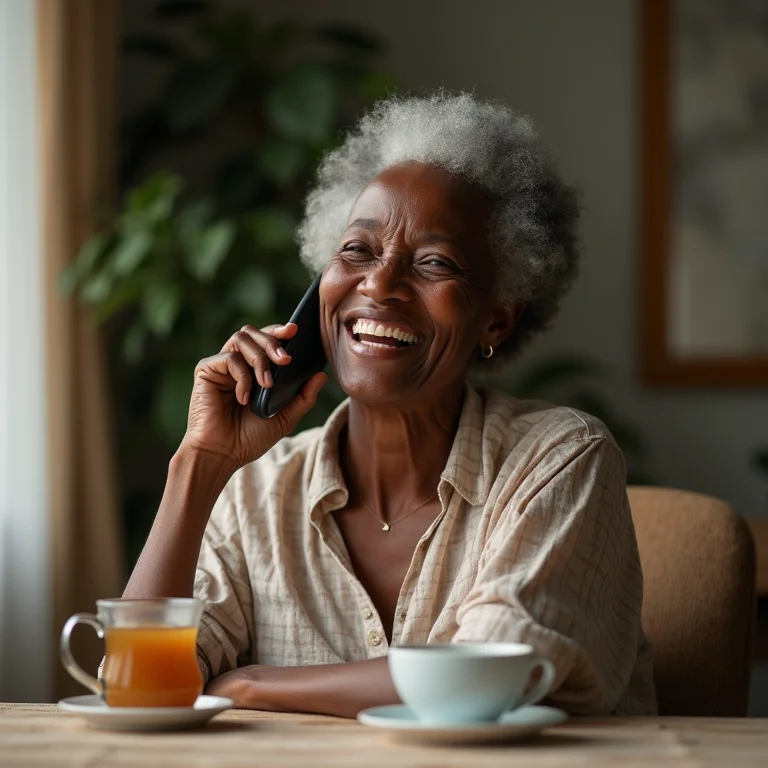 Mulher negra madura bebendo chá de folha de goiaba em casa.