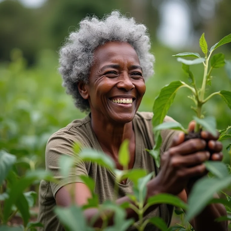 Mulher negra madura cuidando de sua horta com húmus de minhoca.