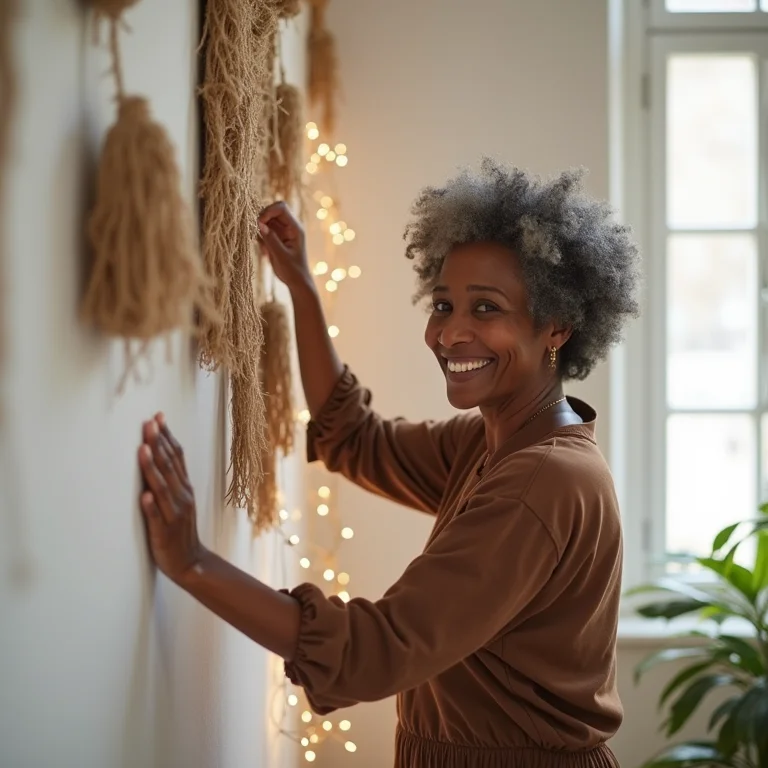 Mulher negra madura decorando parede com juta e luzinhas.