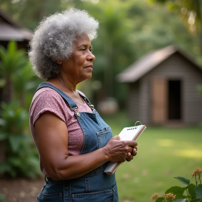 Mulher negra madura escolhendo o local para a coelheira no quintal