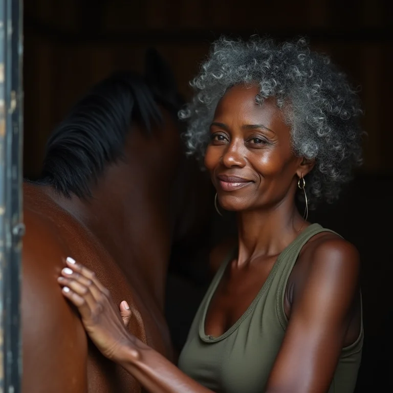 Mulher negra madura escovando seu cavalo em um estábulo.