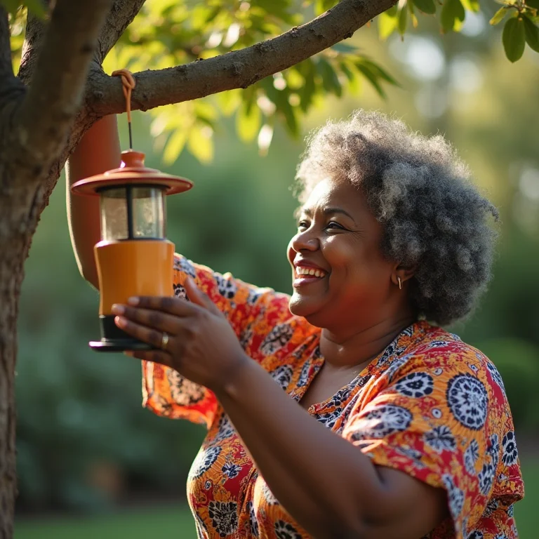 Mulher negra madura pendurando comedouro para pássaros no quintal
