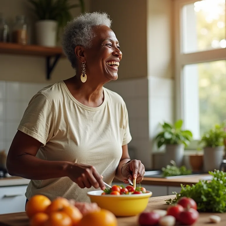 Mulher negra madura sorrindo enquanto cozinha