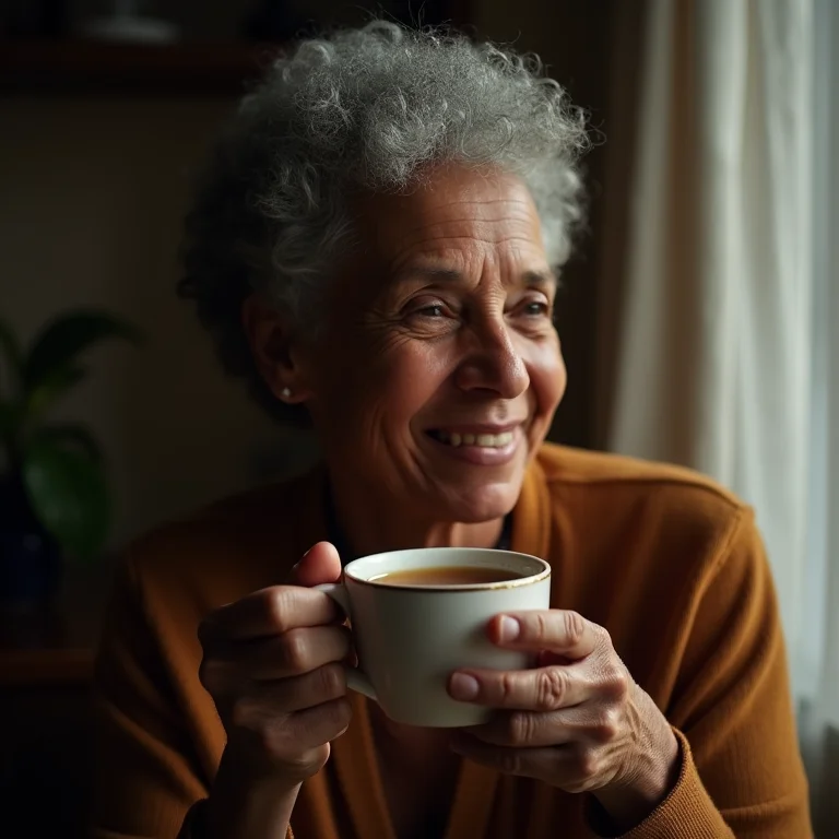 Mulher negra madura tomando chá antioxidante