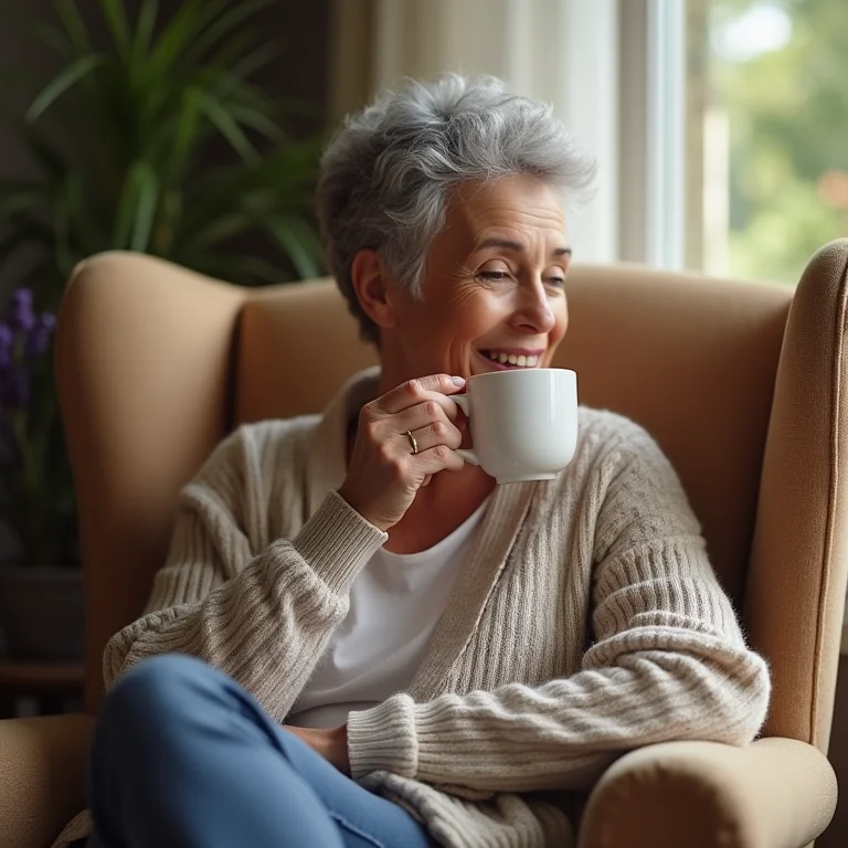 Mulher negra madura tomando chá de lavanda em poltrona ensolarada