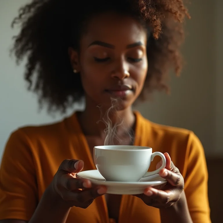 Mulher negra meditando com chá para regular o açúcar no sangue