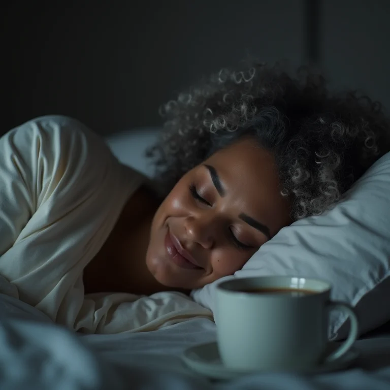 Mulher negra plus-size dormindo tranquilamente após beber chá de baunilha.