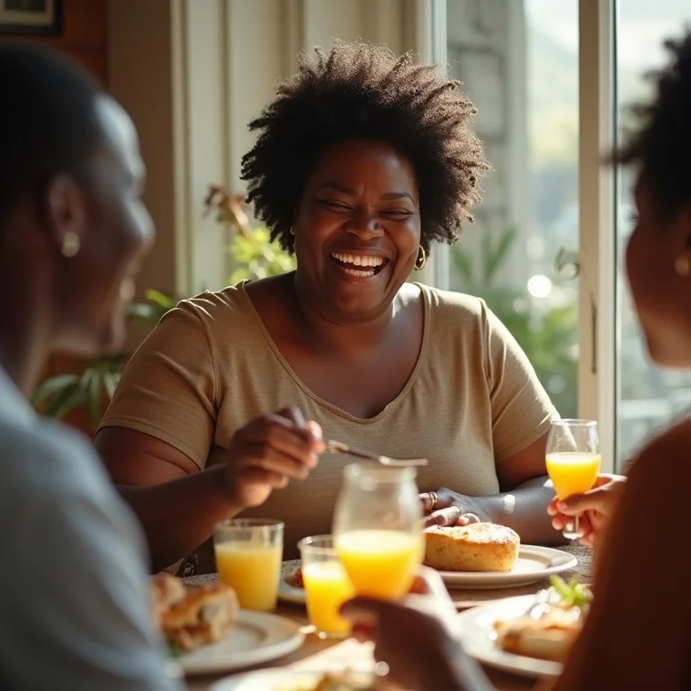 Mulher negra plus-size rindo com amigas em restaurante