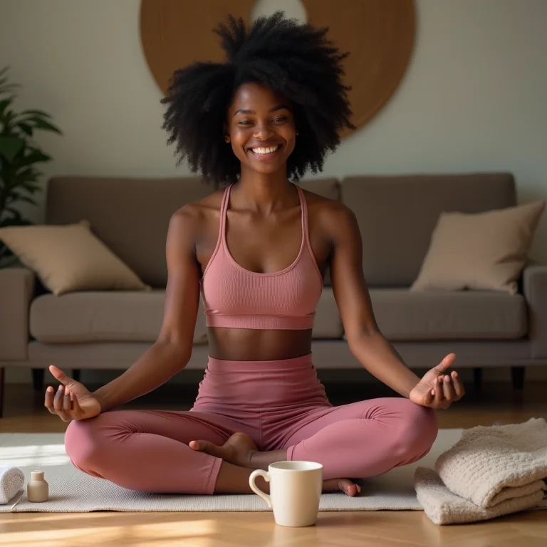 Mulher negra praticando yoga com chá de maracujá