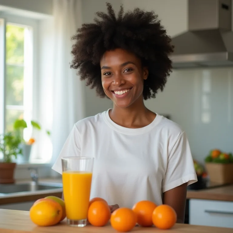 Mulher negra preparando chá de acerola com laranja na cozinha