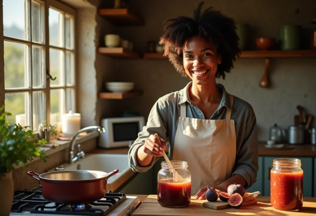 Mulher negra preparando doce de figo caseiro