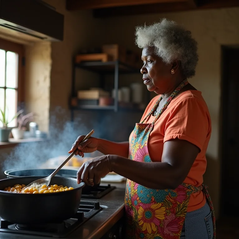 Mulher negra preparando feijão tropeiro em fogão a lenha