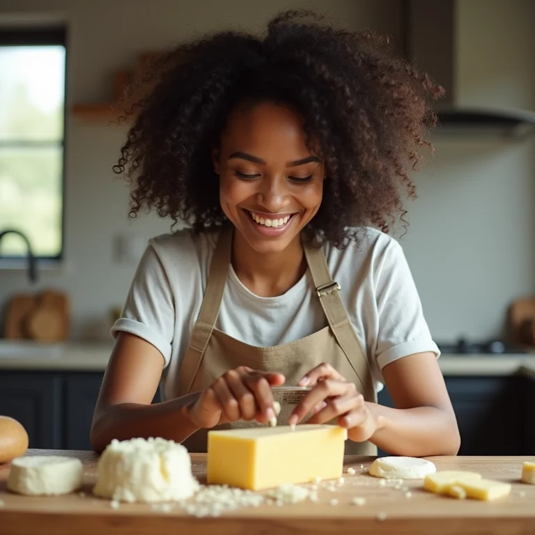 Mulher negra preparando lasanha com diferentes queijos