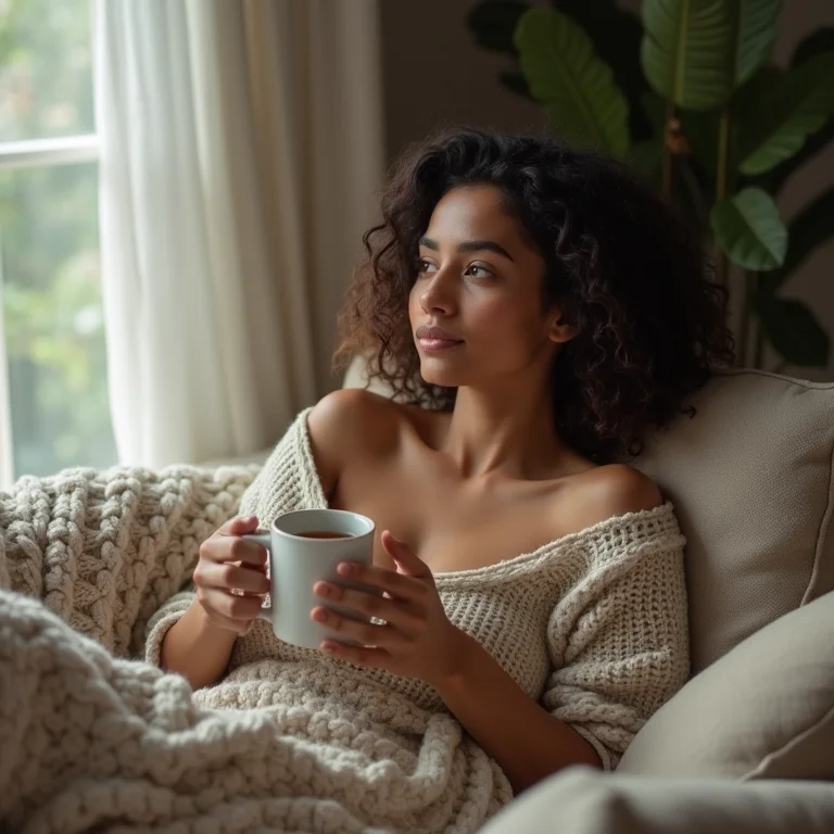 Mulher negra relaxando no sofá tomando chá e aliviando inflamações.