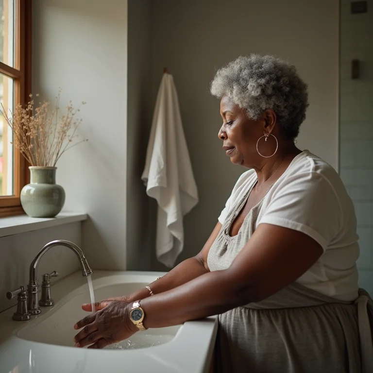 Mulher negra retinta lavando as mãos em bancada de cimento queimado