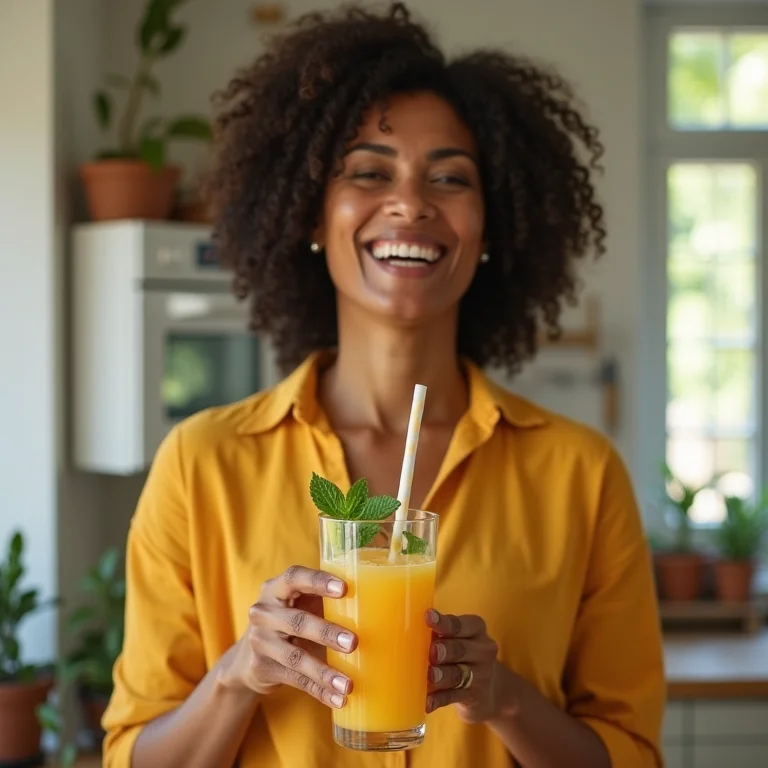 Mulher negra rindo com suco de melão e hortelã