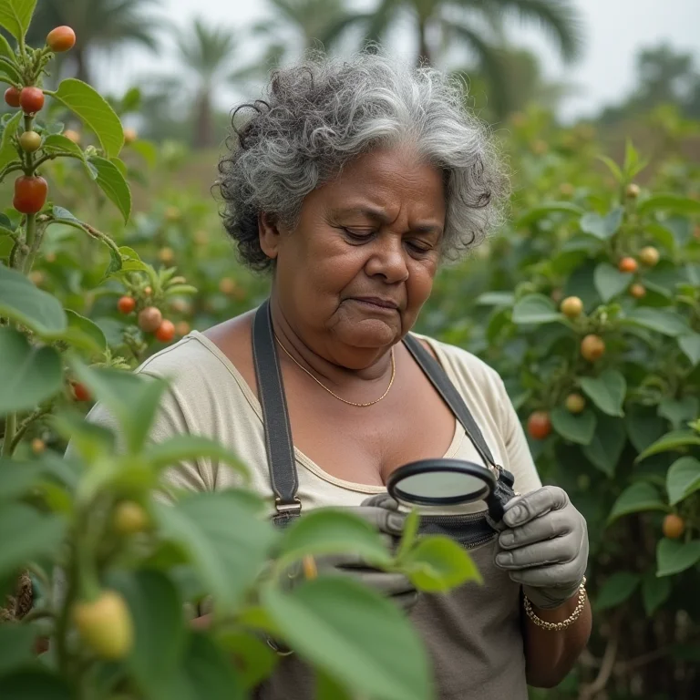 Mulher negra sênior inspecionando plantação de pimenta