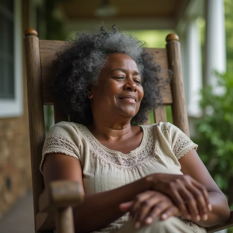 Mulher negra sênior relaxando em cadeira de balanço rústica.