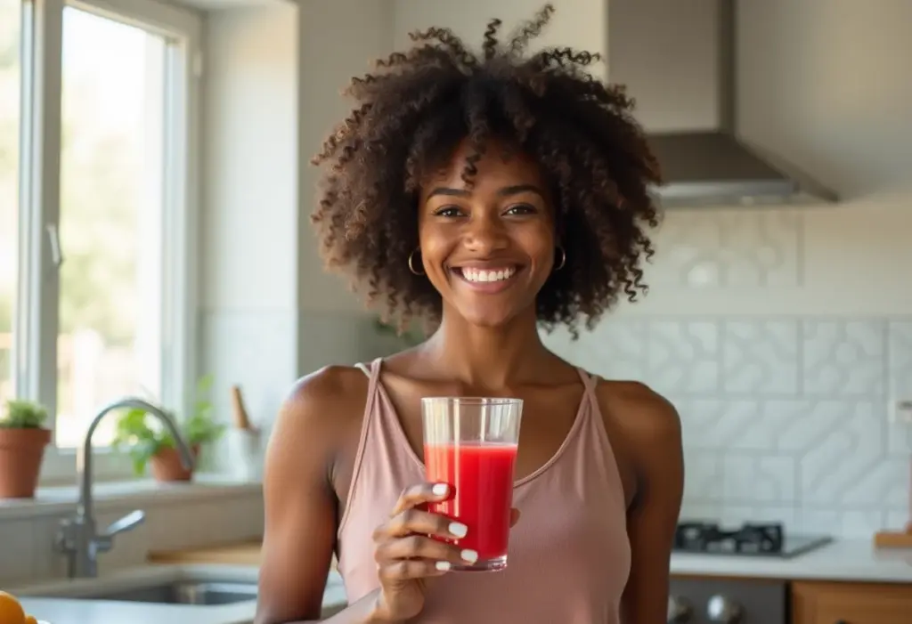 Mulher negra sorrindo com copo de suco de morango
