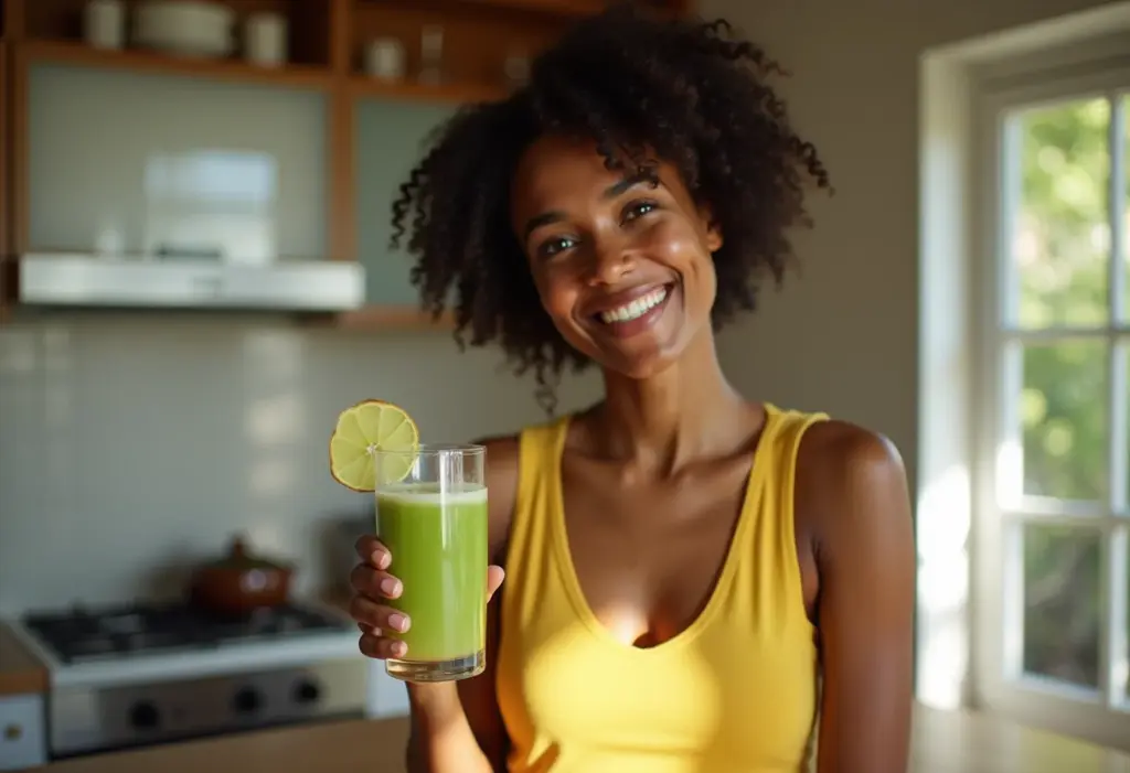Mulher negra sorrindo com suco de uva verde e água de coco.