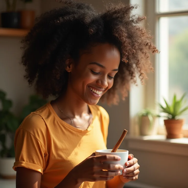 Mulher negra sorrindo enquanto adiciona canela ao chá.