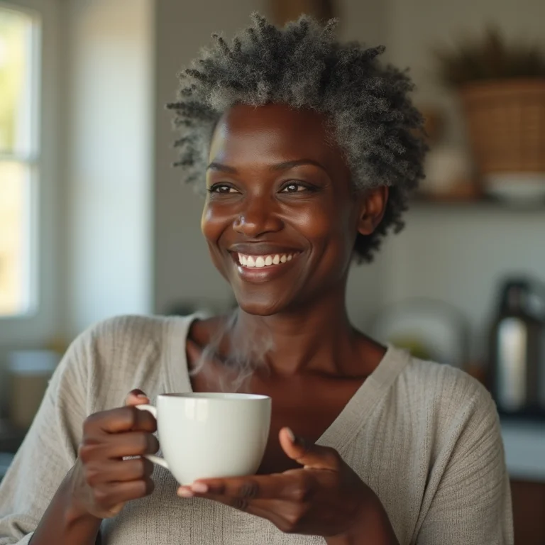 Mulher negra sorrindo enquanto bebe chá de PariParoba