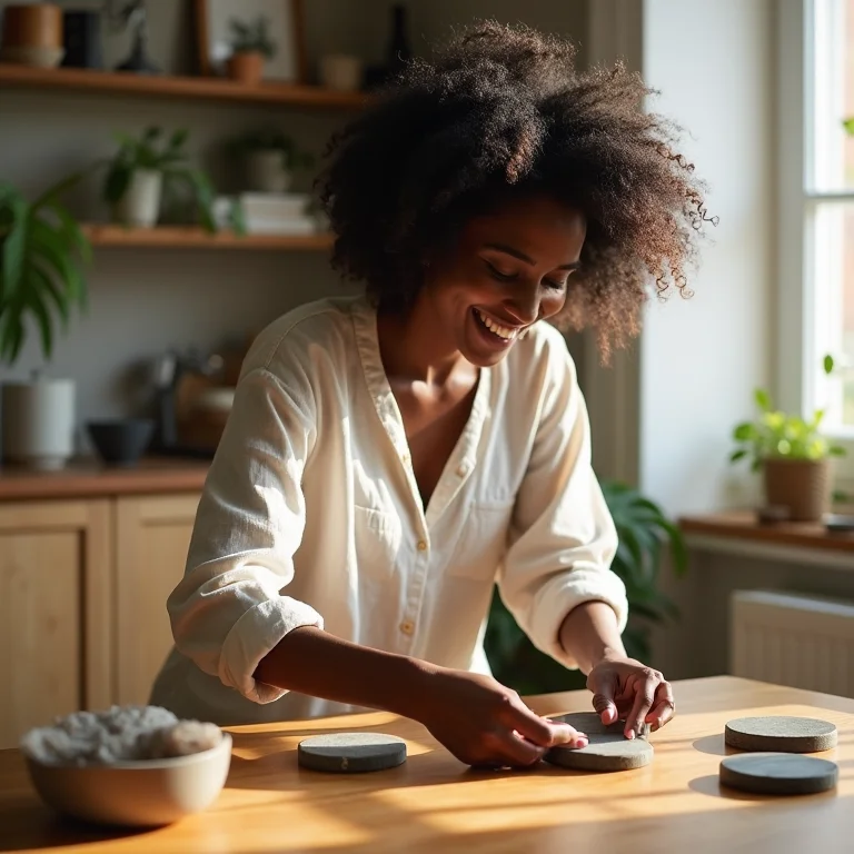 Mulher negra sorrindo enquanto organiza coasters de pedra sabão