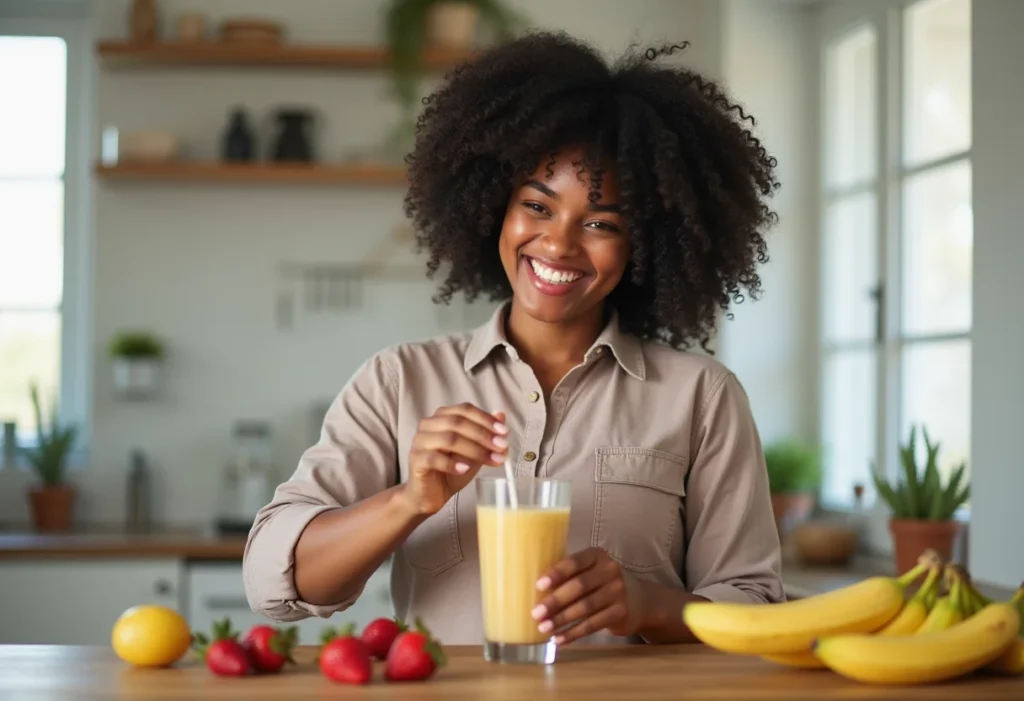 Mulher negra sorrindo enquanto prepara suco de banana com morango